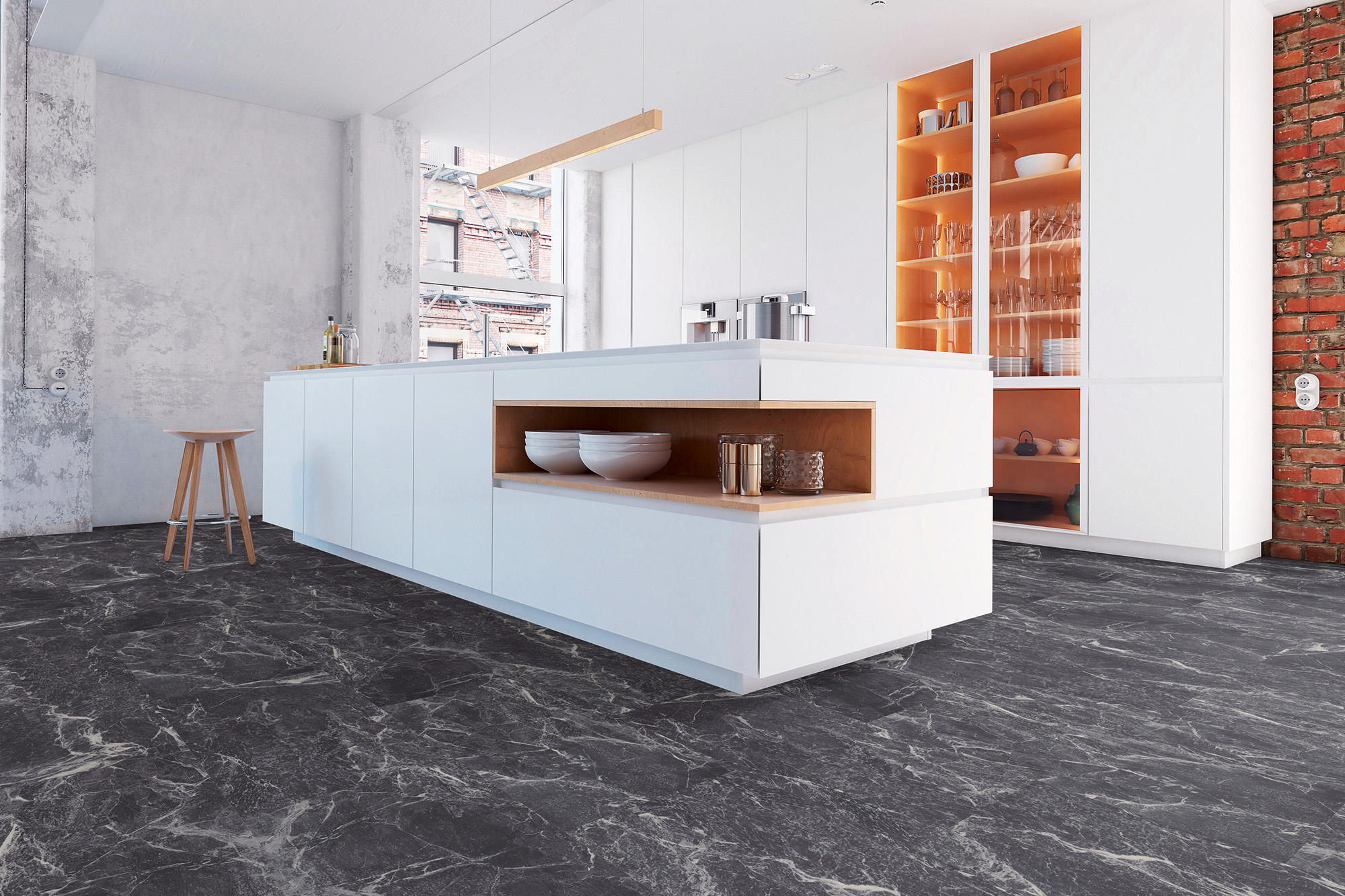 Designboden-Marmor-Küche-strapazierfähig